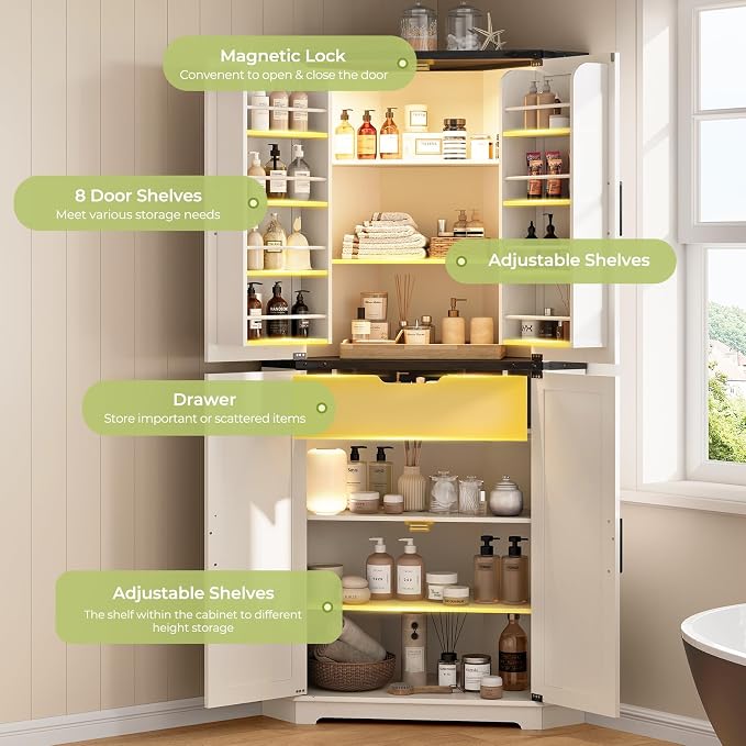 Dripex 71" White Corner Pantry Cabinet, Farmhouse Tall Storage Cabinet - Image 6