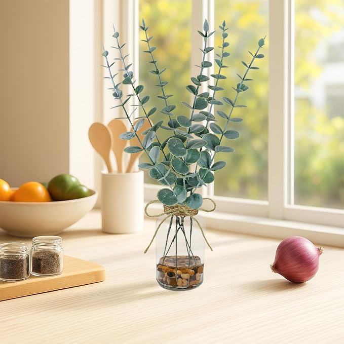 2 Pack Artificial Eucalyptus Stems in Glass Vases, Small Faux Plants - Image 6