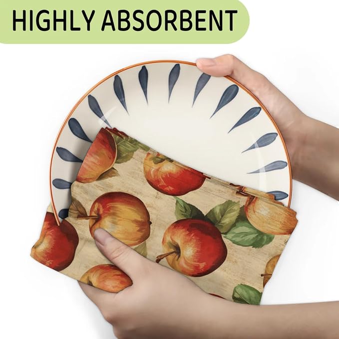 Vintage Apples Kitchen Towels Set of 2 Brown Fruits Dish Towels Bar Absorbent - Image 3