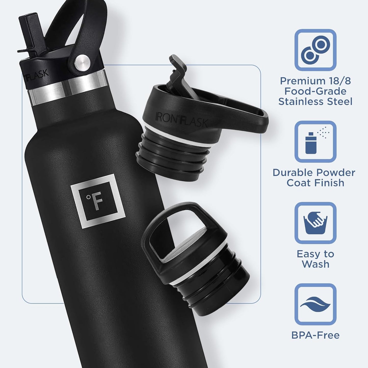IRON °FLASK Camping & Hiking Hydration Canteens - 3 Lids (Narrow Straw Lid) Leak Proof Vacuum Insulated Stainless Steel - Hot & Cold Double Walled Sports Water Bottle - Midnight Black, 24 Oz