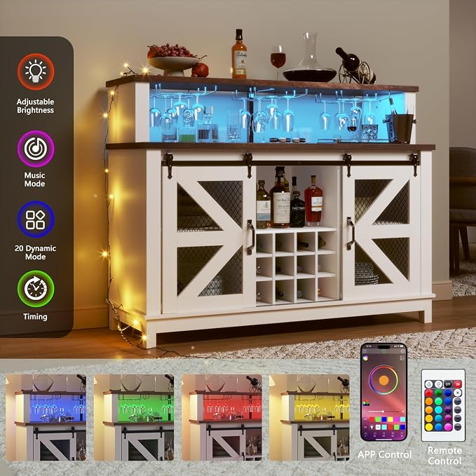 55" Coffee Bar Cabinet with LED Lights, Farmhouse Wine Bar Cabinet - Image 3