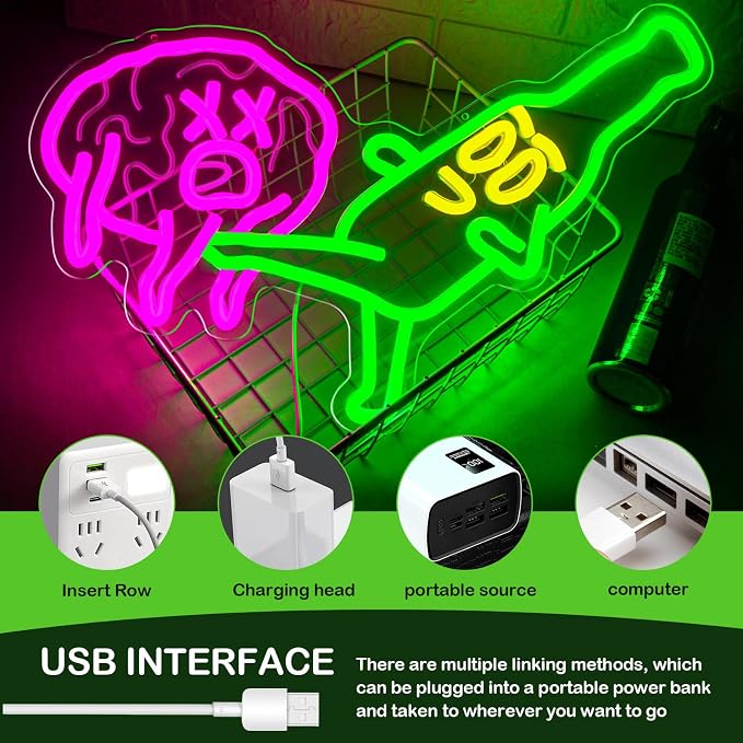 Beer Neon Sign for Wall Decor, Funny Beer Bottle Kicks the Brain, Dimmable Bar - Image 3