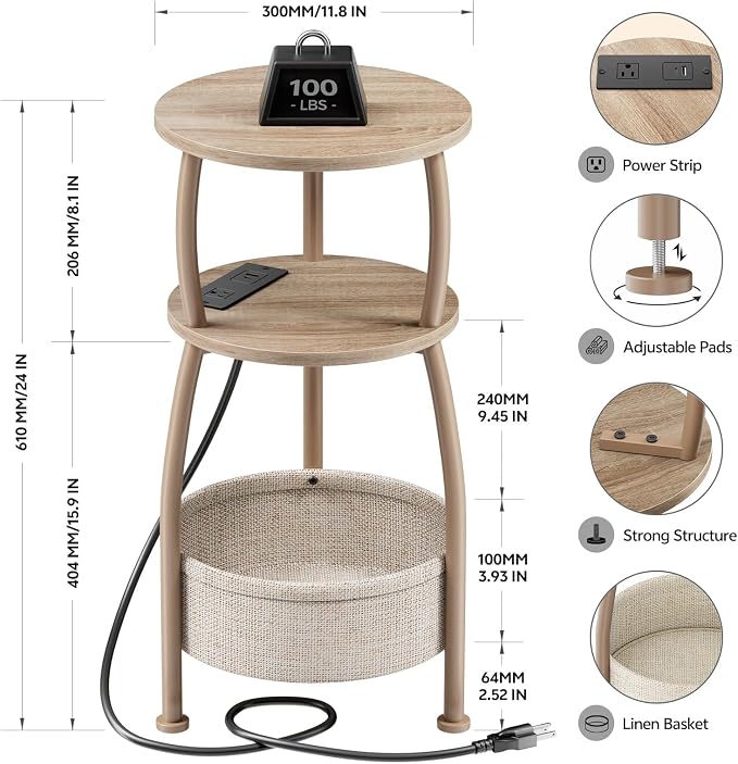 Side Table with Charging Station, Small Round End Table with Basket, USB and - Image 3