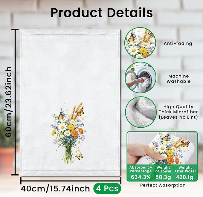 CUTHOLLOW Daisy Flowers Bouque Decorative Kitchen Towels Set of 4, - Image 2