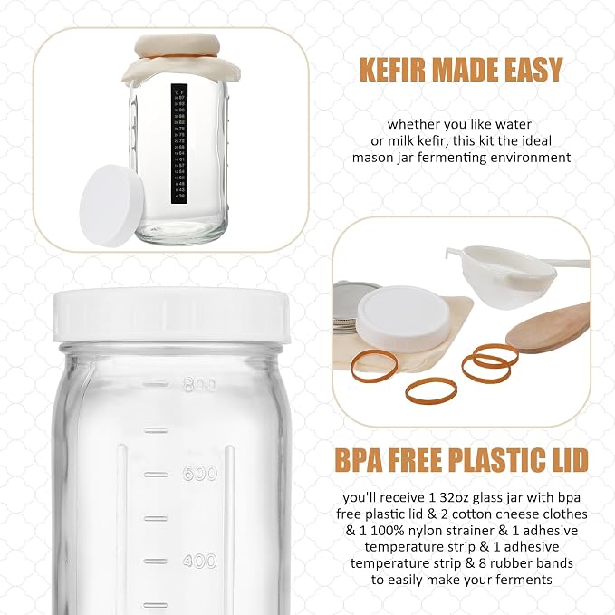 Honeydak 8 Pcs Complete Kefir Starter Kit Kombucha Fermenter Kit 32oz Mason Jar - Image 3