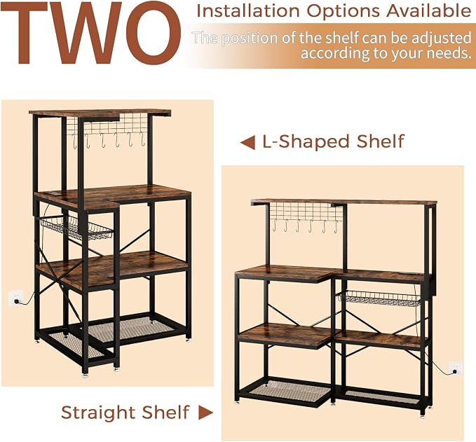 L-Shaped Bakers Rack with Power Outlet, 4-Tier Corner Microwave Stand with - Image 4