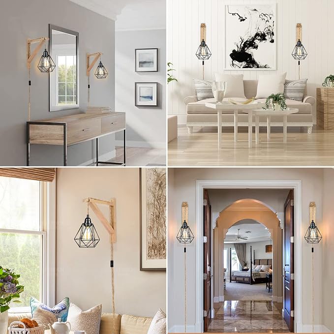 Frideko Wood Plug in Wall Sconces Set of Two, Hanging Lamps that Plug into Wall - Image 6