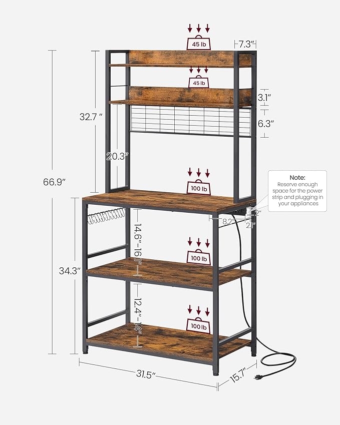 VASAGLE Bakers Rack with Power Outlet, Microwave Stand, Kitchen Tall Utility - Image 3