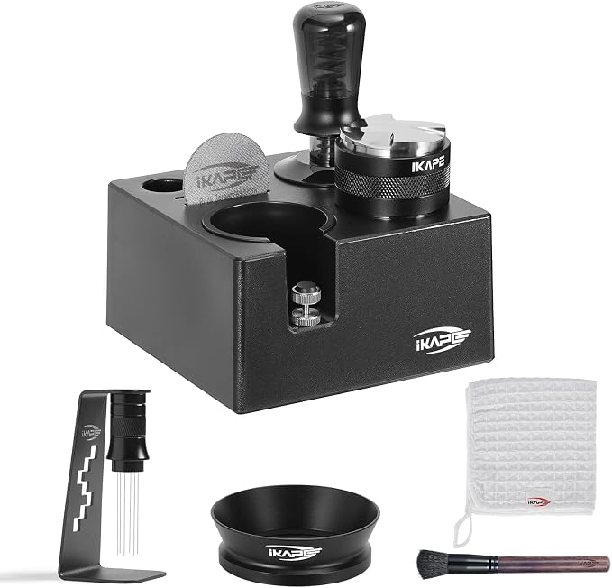 IKAPE 58mm Black Espresso Tool Set 8 IN 1, Coffee Tamper, Distributor, Magnetic by IKAPE