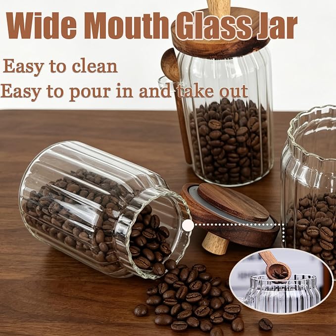Coriario 20 OZ Glass Jar with Airtight Lid Spoon Ribbed Glass Candy Jars Wooden - Image 5