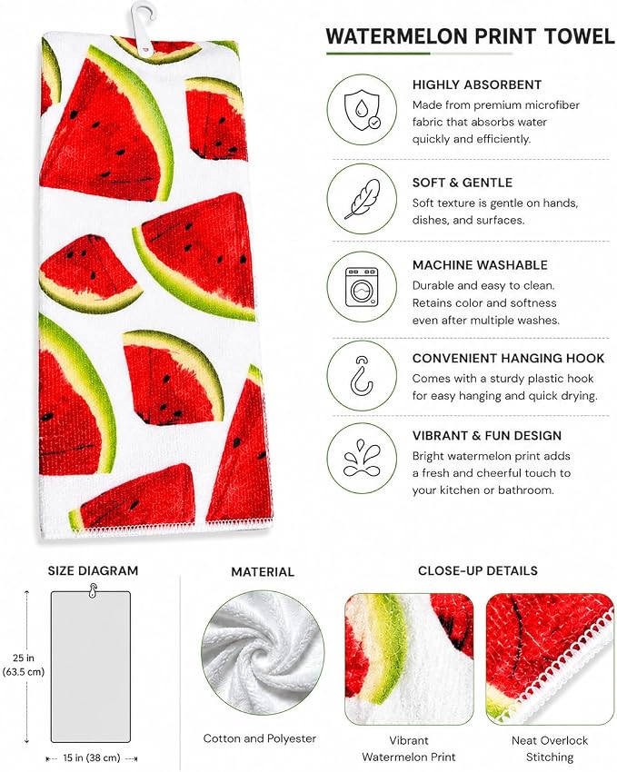 2 Piece - Watermelon Towel Set, Decorative Summer Hand Towels - Image 5