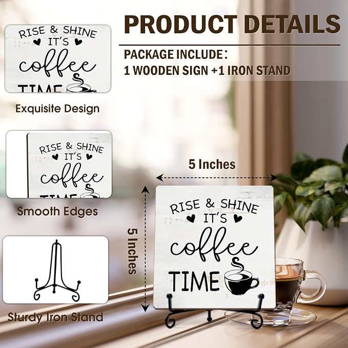 Minimalism Coffee Bar Decor, Rise & Shine It's Coffee Time Wood Plaque - Image 2