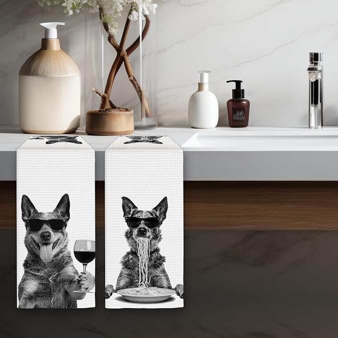 Blue Heeler Gifts Wine Kitchen Towels Set of 2, Funny Dog Eating Pasta - Image 5