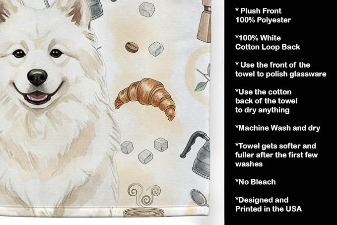 Caroline's Treasures Cream Samoyed Coffee Bar Kitchen Towel Velour Plush Front - Image 4