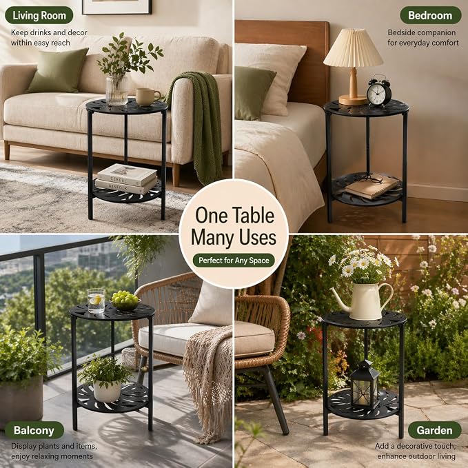2-Tier Metal Round Side Table Black Accent Coffee Tables Small Space Corner - Image 8