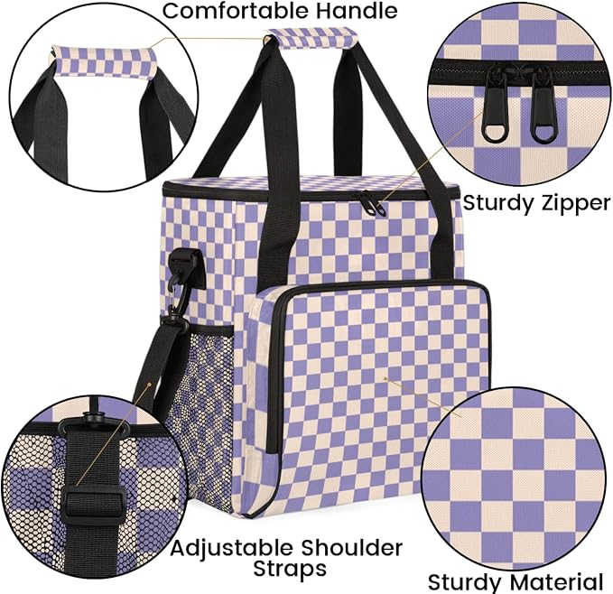 Checkerboard Purple Coffee Maker Carrying Bag, Waterproof Insulated Leakproof - Image 6