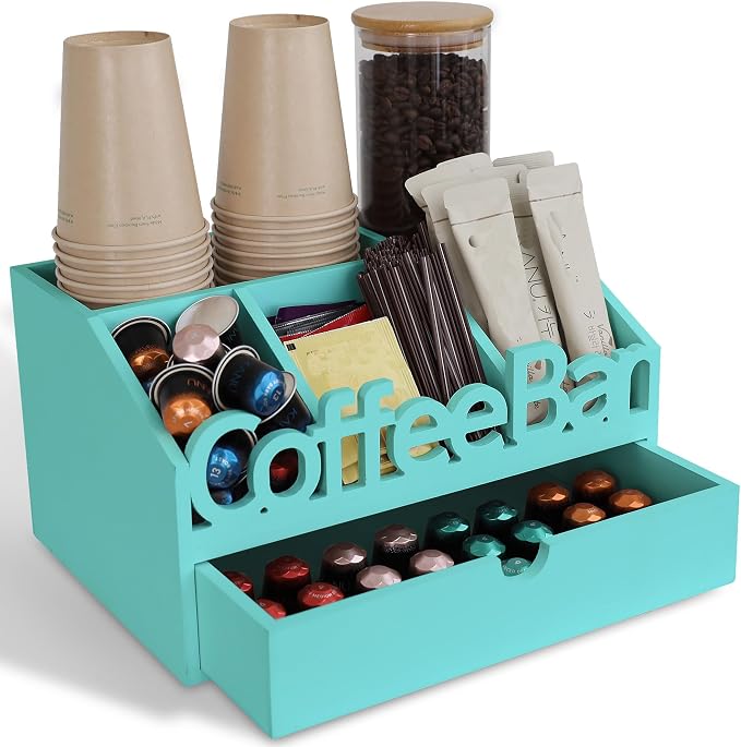 Coffee Bar Organizer Countertop, Wood Coffee Station, Turquoise | K-Cups by ADDFITHOUSE