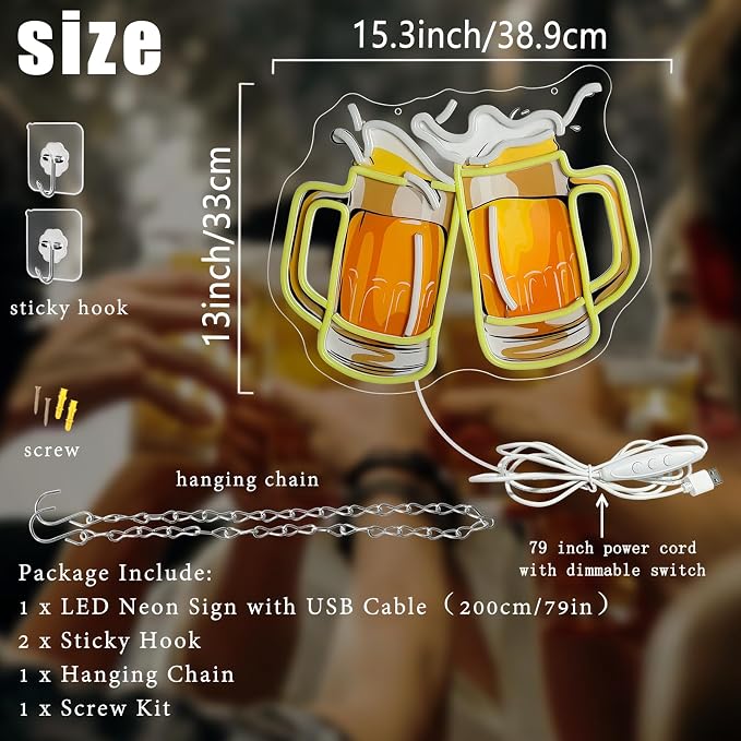 Beer Neon Sign UV Prited Cheers Neon Light Dimmable USB Powered Beers Glass - Image 2