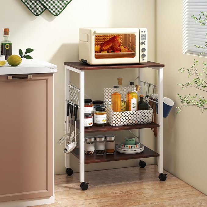Giantex Kitchen Bakers Rack 3-Tier Microwave Cart on Wheels, Industrial Utility - Image 2