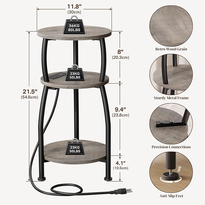 Round Side Table with Power Outlet & USB Ports, 3-Tier End Table with Storage - Image 3