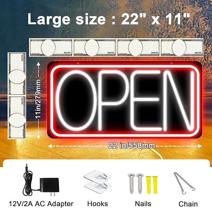 22" X 11" Led Neon Open Signs for Business, Large Open Signs, Plug In Electric - Image 3