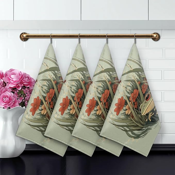 Vintage Frog Kitchen Towels Set of 2 Grass Flowers Dish Towels Bar Absorbent - Image 4