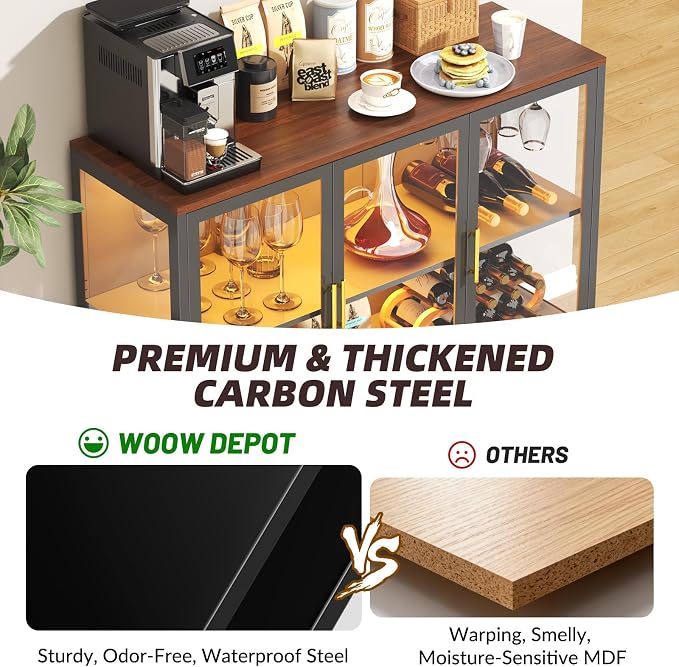 Wine Bar Cabinet with LED Lights, Metal Wood Home Coffee Bar Cabinet with Glass - Image 6