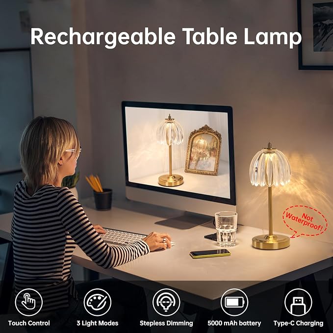 Shenmoyl Tulip Table Lamp with 5000mAh Battery & Touch Control, Cordless Table - Image 2