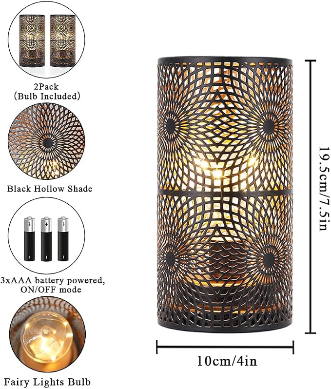 JHY DESIGN Set of 2 Black Table Metal lamp Battery Powered Cordless Accent Light - Image 2
