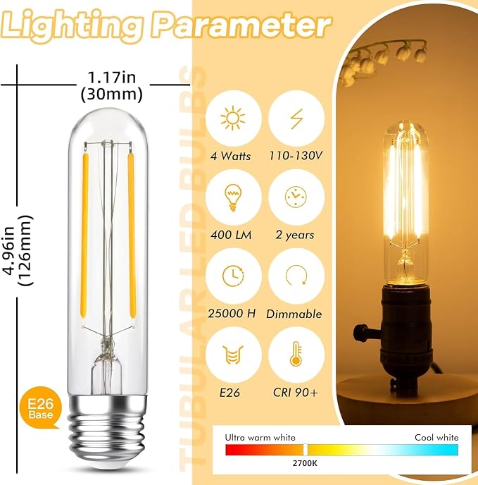4W Tubular Light Bulbs, E26 T10 LED Bulbs Equvialent to 40Watt Type T Bulbs - Image 2