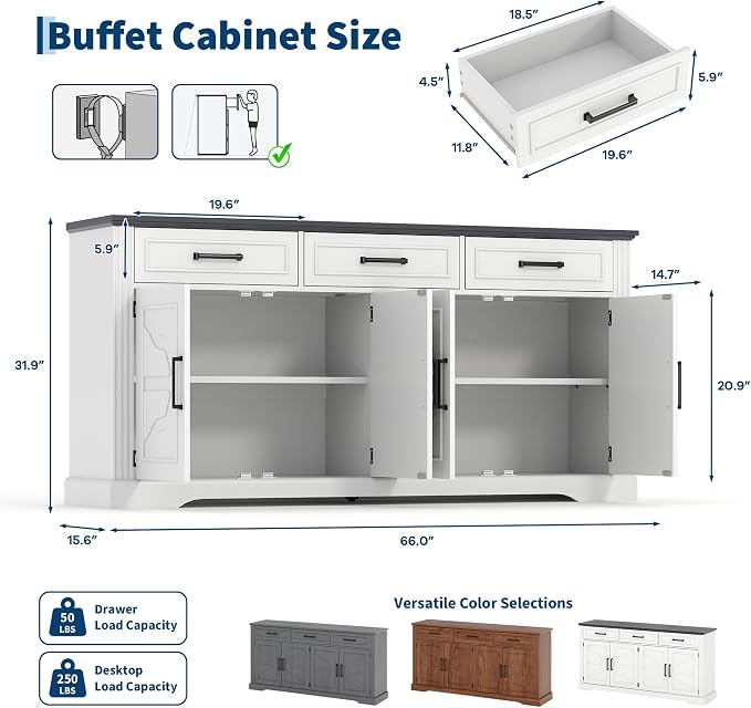 Garvee 66" Modern Farmhouse Sideboard Buffet Cabinet - Image 2