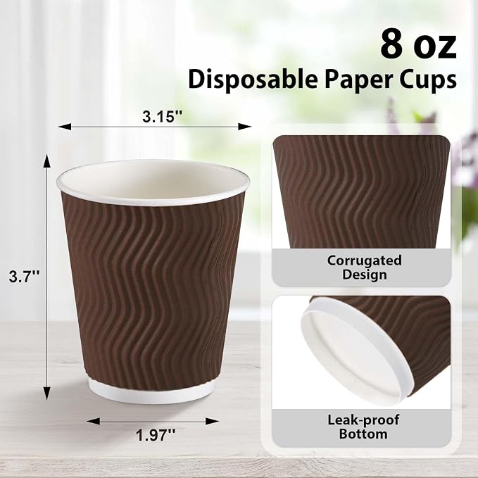 Clawsoff 150 Pack 8 oz Coffee Cups, Disposable Corrugated Insulated Ripple Wall - Image 2