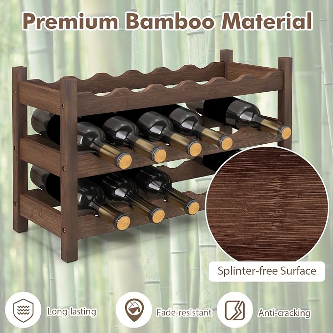 Giantex Bamboo Wine Rack, 3-Tier 18 Bottle Wine Storage Cabinet Shelf, Small - Image 2