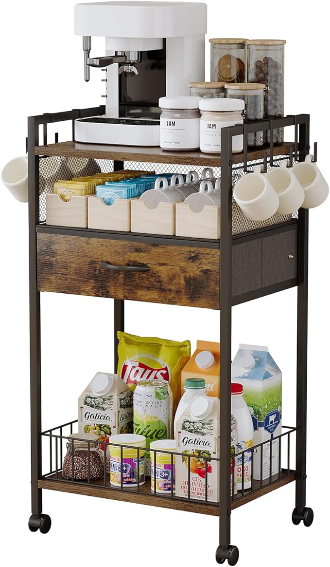 Small Coffee Bar Cart with Drawer Srorage, Office Coffee Bar Station Organizer by Dsmadn
