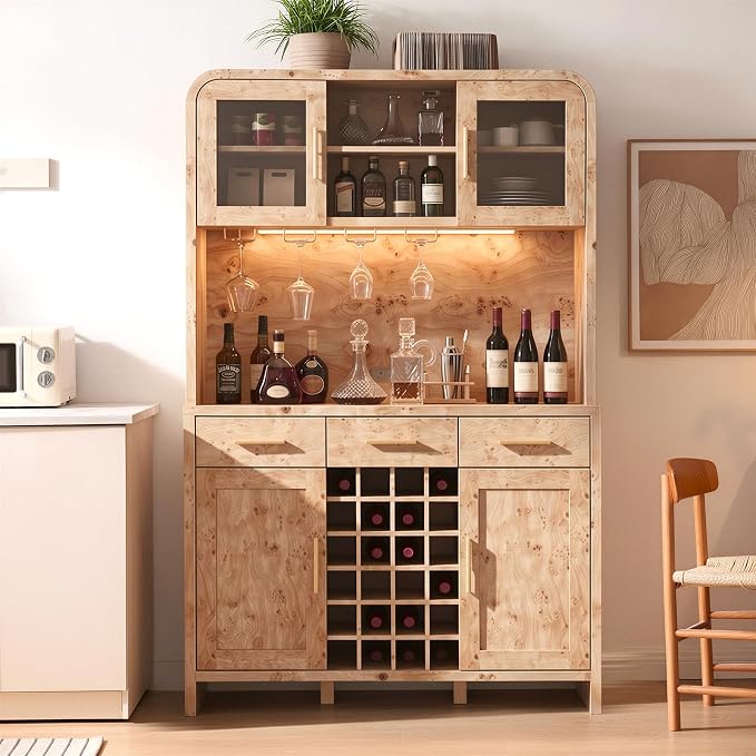 77" Tall Wine Bar Cabinet with Storage Hutch and 3 Drawers, Coffee Bar Cabinet - Image 9
