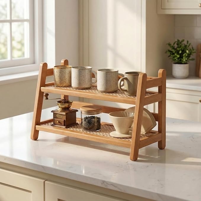 Bamboo 2-Tier Coffee Station Organizer, 14.6"×6.7"×10.6" Countertop Organizer by LUUTUUORA