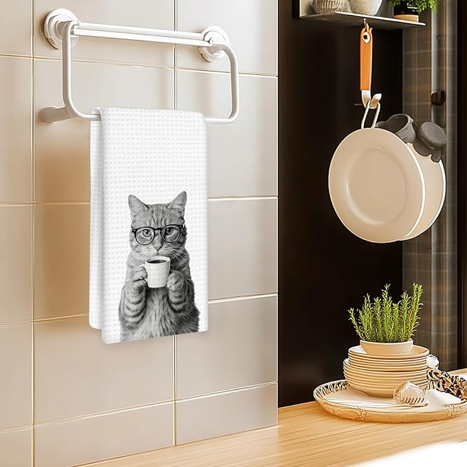 Orange Cat Gifts Coffee Wine Kitchen Towels Set of 2, Coffee Kitty Dish Tea - Image 2