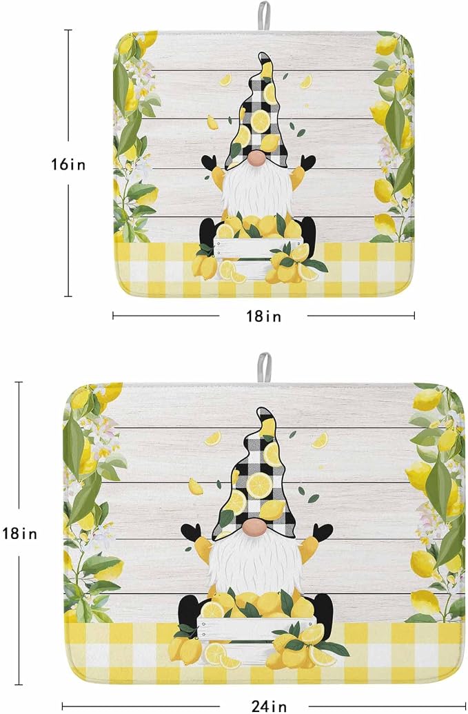 Lemon Dwarfs Dish Drying Mat 16x18 inch Gnome Green Leaf Wood Striped Black - Image 9