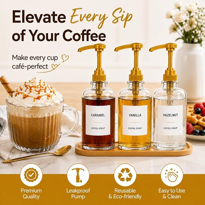 Coffee Syrup Dispenser for Coffee Bar, Glass Syrup Bottle - Image 3