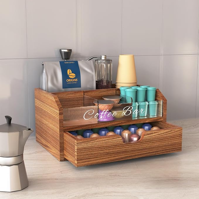 NiHome Solid Wood & Acrylic Coffee Station Organizer - Image 5