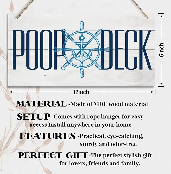 Nautical Style Wood Decor Sign, Poop Deck, Hanging Printed Wooden Plaque Décor - Image 2