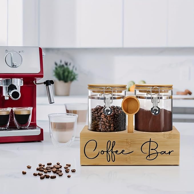 Glass Coffee Canister Set with Bamboo Shelf & Spoon - Image 8
