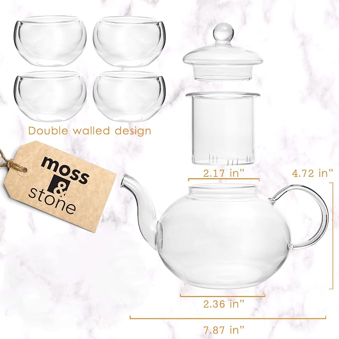 Moss & Stone Glass 27oz Tea Kettle Infuser & 4 Tea Cups Gift Set, Borosilicate - Image 2