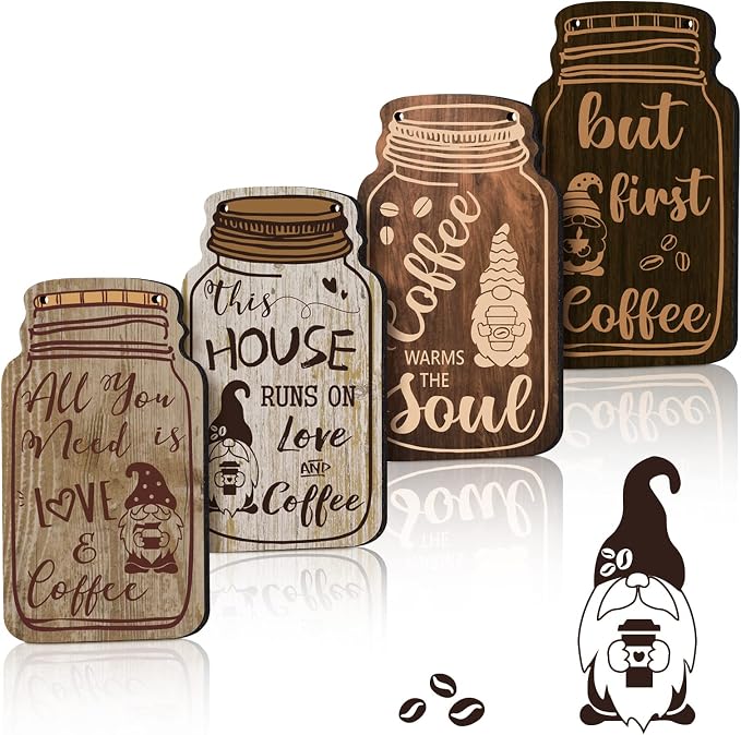 Jetec 4 Pcs Coffee Bar Decor Mason Jar Wood Sign Wall Hanging Plaque But First by Jetec