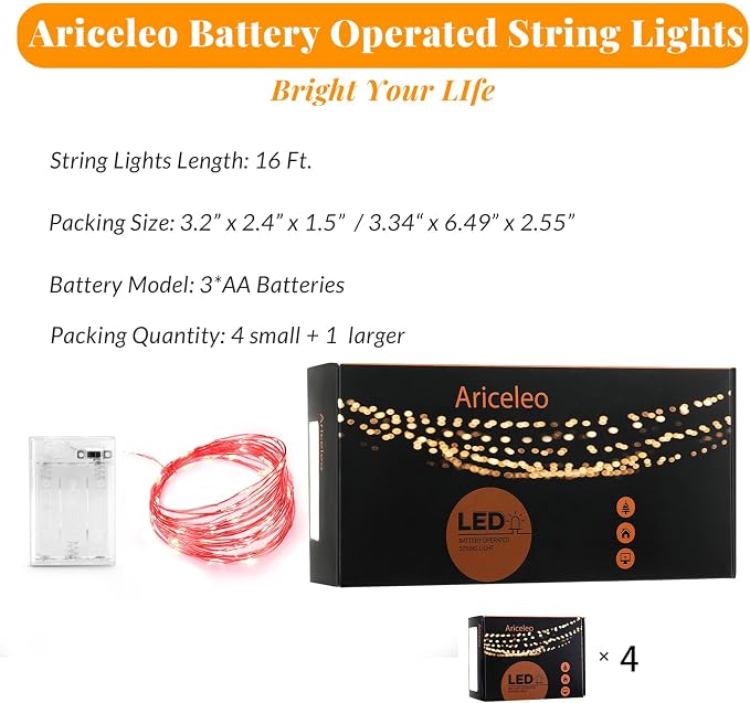 Ariceleo Led Fairy Lights Battery Operated, 4 Packs Mini Battery Powered Copper - Image 2