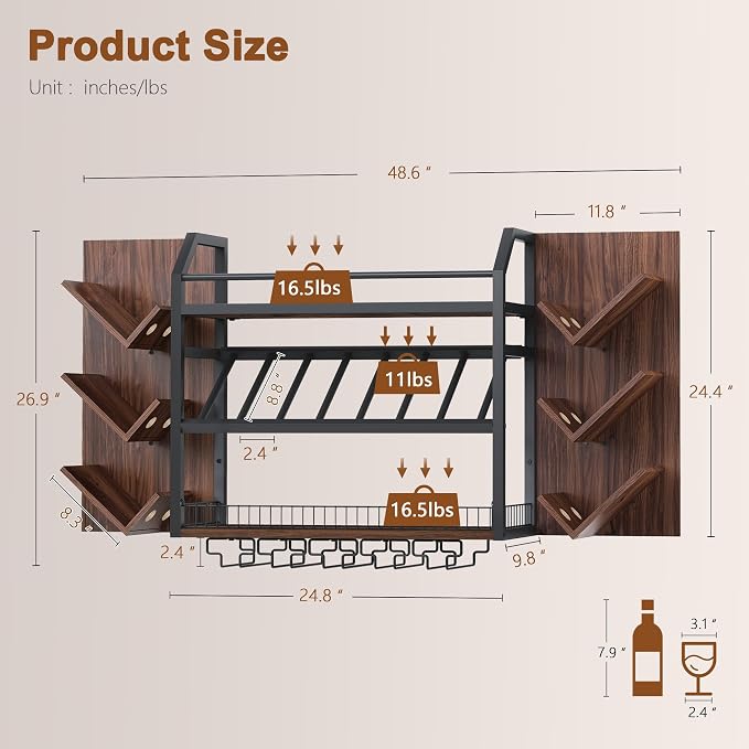 Hoctieon 48.6in Wall Mounted Wine Rack, 3 Tier Hanging Wine Racks - Image 2