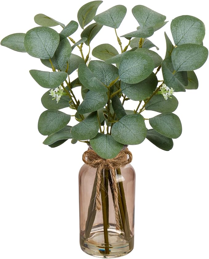 Briful Artificial Eucalyptus Stems in Teal Glass Vase by Briful