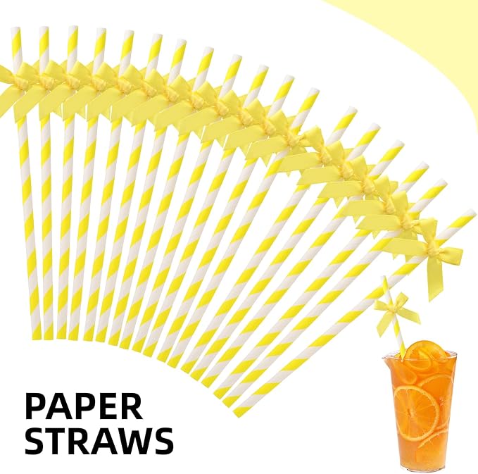 20pcs Yellow Bow Straw, 7.7inch Cake Pops Treat Sticks Biodegradable Cute Paper - Image 3