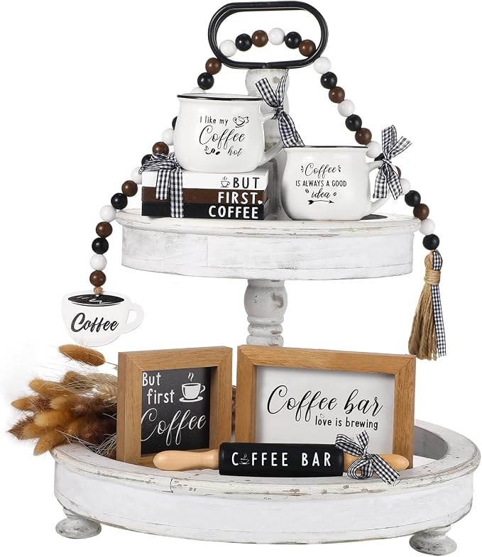 Yookeer 7 Pcs Coffee Tiered Tray Decor Set Mini Bar Art Display Framed Coffee by Yookeer