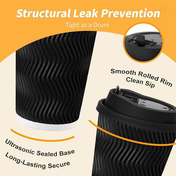 16 oz 100 Pack Corrugated Ripple Wall Disposable Coffee Cups - Image 4